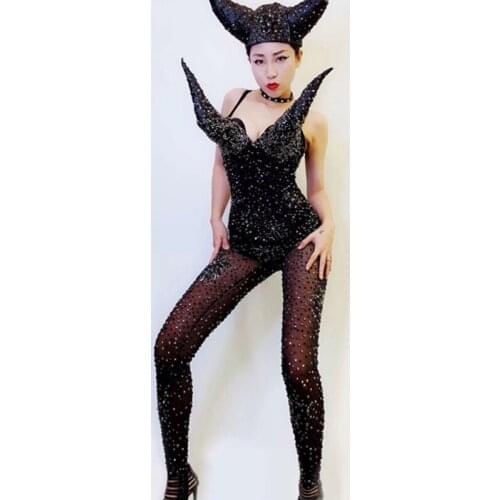 Female Black Rhinestone Jumpsuit Sexy Perspective Mesh Crystals Rompers Bodysuit Nightclub Party Singer Stage Costume DT341