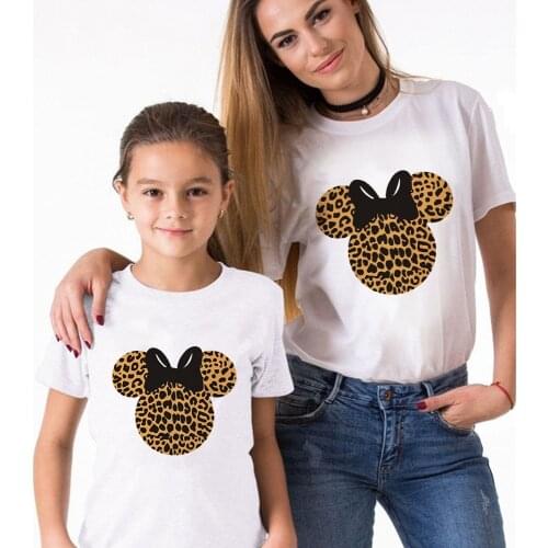 Bowknot Minnie Mouse Head Leopard Print Graphic Mom and Daughter T-shirt Vintage Family Look Outfits T-shirt Dropship