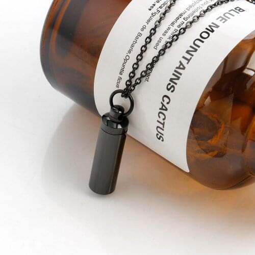 OMKAIMING Black Cylindrical Pendant Stainless Steel Necklace Men Women Fashion Save Perfume Powder Waterproof Necklaces Jewelry
