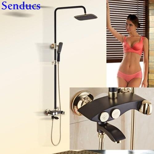 Senducs Black Gold Shower Set For Fashion Thermostatic Shower System Quality Brass Bathroom Hot Cold White Gold Shower Sets