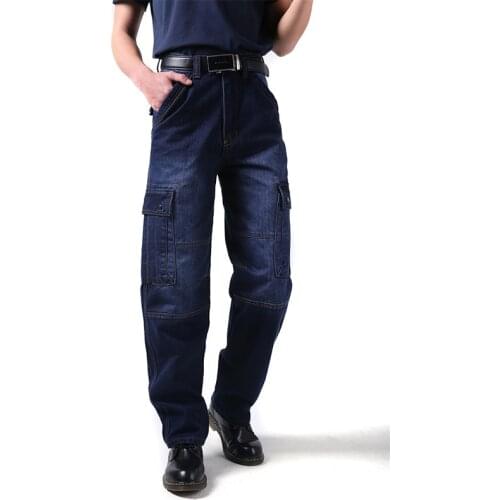Mcikkny Men Cargo Baggy Jeans Pants Multi Pockets Hip Hop Denim Trousers For Male Size 30-44 Washed Multi Pockets