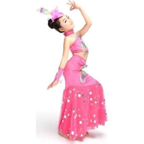 Feecolor New childrens peacock dance performance costumes competition clothes girls belly dance performance clothing