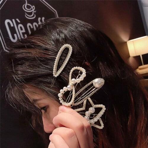 Imixlot 1PC Imitation Pearl Rhinestone Hair Clip Women Shiny Crystal Geometric Pentagram Heart Bowknot Hairpins Hair Accessories