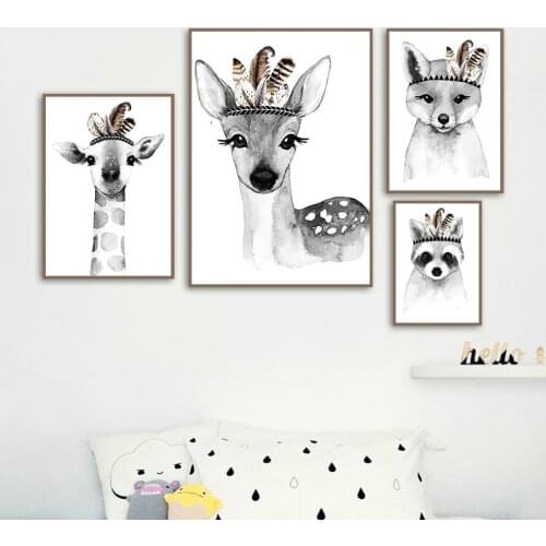 Wall Art Canvas Painting Feather Fox Raccoon Deer Black White Cartoon Nordic Posters And Prints Wall Pictures Kids Room Decor