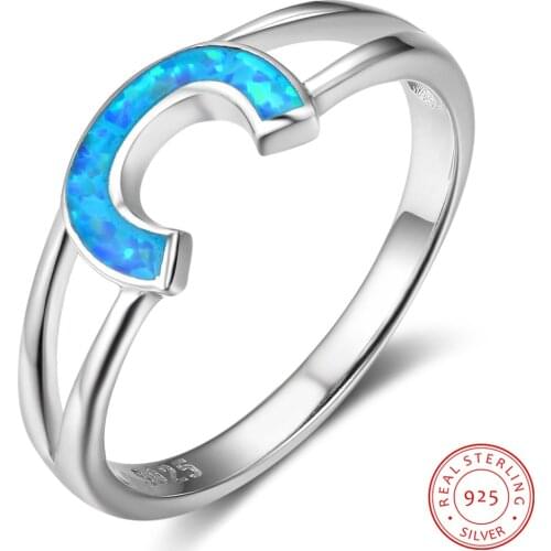 Genuine 925 Sterling Silver Women Rings Blue Fire Opal Stone Ring C Design Ring Silver 925 Jewelry Wedding Anniversary Gift