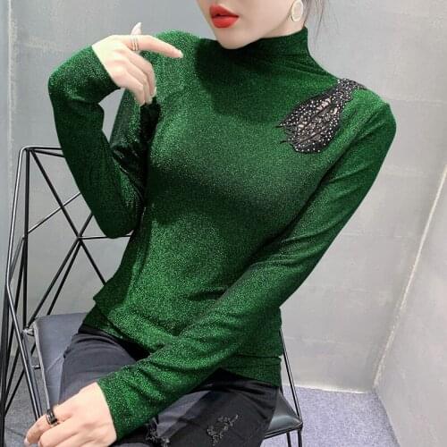 Autumn long sleeve turtleneck top female slim fit stretch knit bright silk mesh tops womens t-shirts embroidery hot-drill shirt