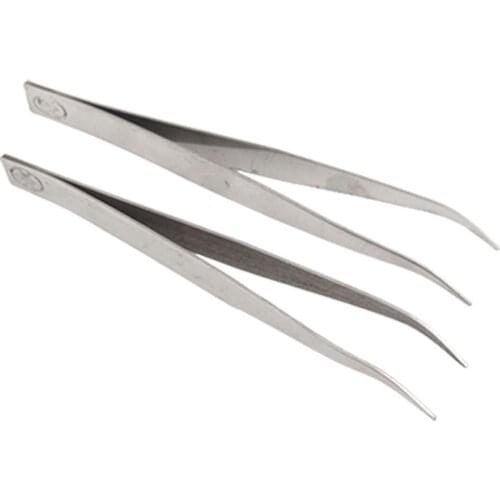 Silver Plating 2Pcs 13cm Long Silver Tone Angled Tip Curved Tweezers Stainless steel High Quality Curved Tip Slanted Tweezer