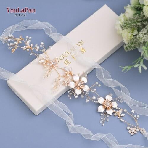 YouLaPan HP357 Elegant Alloy Flower Bridal Hair Vine Pearls Headband with Ribbon Handmade Headwear Wedding Hair Accessories