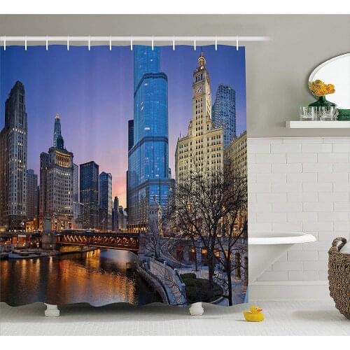 Landscape Shower Curtain USA Chicago Cityscape with Rivers Bridge and Skyscrapers Cosmopolitan City Image Fabric Bathroom Decor
