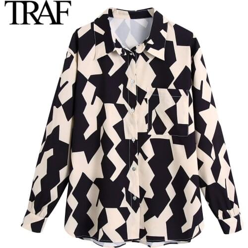 Traf Za Women Clothing Fashion 2021 Autumn Print Vintage Long Sleeve Blouses Loose Button Shirt Office Ladies Tops Mujer
