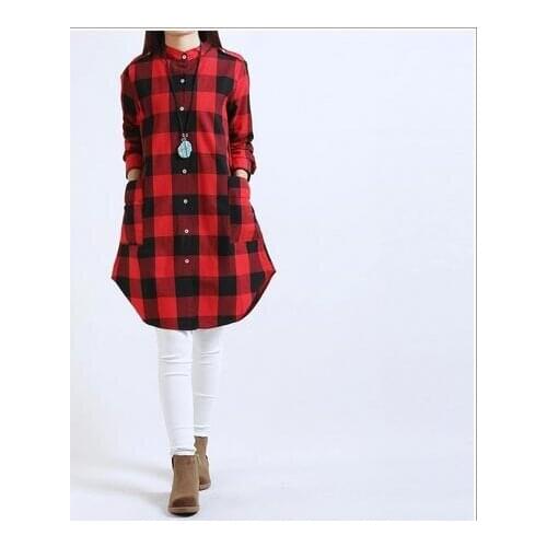 30pcs/lot european style lady plaid long blouse cotton linen full plaid stand shirt plus size