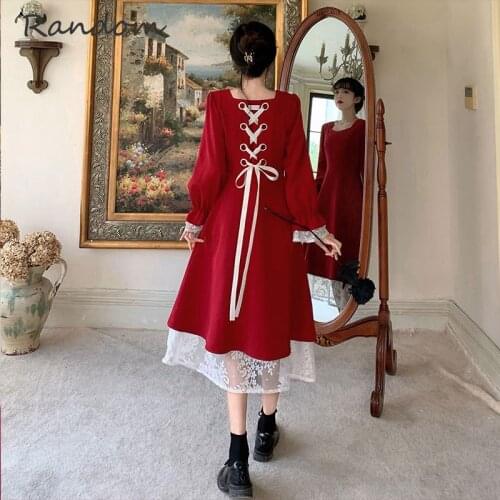 Women Vintage Square Collar Elegant Lace Vestidos Party Bodycon Sheath Female Puff Sleeve Spaghetti Dresses 2021 Plus Size Cloth