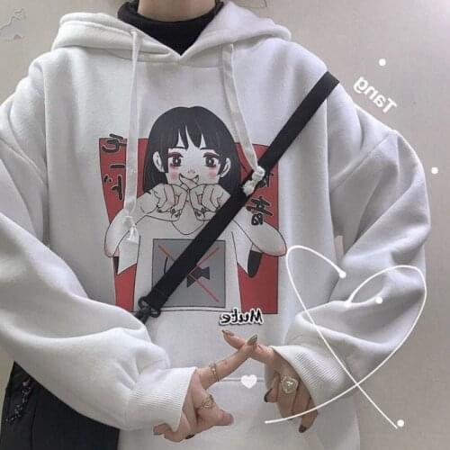 Winter wram Japanese cartoon printing women hooded sweatshirt Kawaii cute chic loose plus velvet thick casual Harajuku Clothing