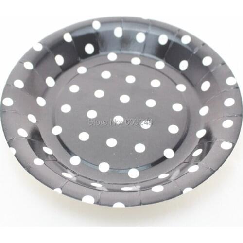 24pcs 9" Printed Birthday Halloween Holiday White Polka Dot Black Paper Plates Bulk Round Party Dessert Paper Dishes Wholesale