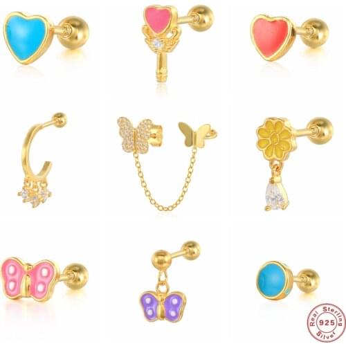 BOAKO 925 Sterling Silver Blue Pink Enamel Heart Stud Earrings For Women Butterfly Ear Studs Dripping Oil Craft Piercing Jewelry