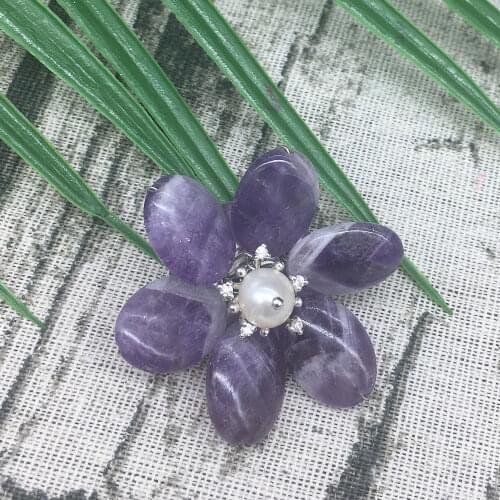 Natural Amethyst White Real Pearl Silver Stamen Flower Design Brooch Pin