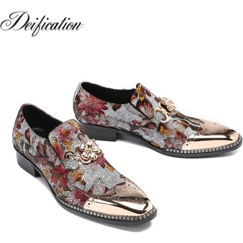 Deification Fashion Print Zapatos Hombre Floral Studded Wedding Shoes Men Dress Shoes Genuine Leather Slip on Casual Men Loafers