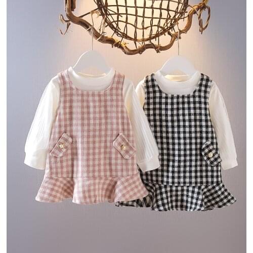 Kids Girls 2PCs Clothing Sets Grid Print Puff Sleeve T-Shirts and Dresses Sets