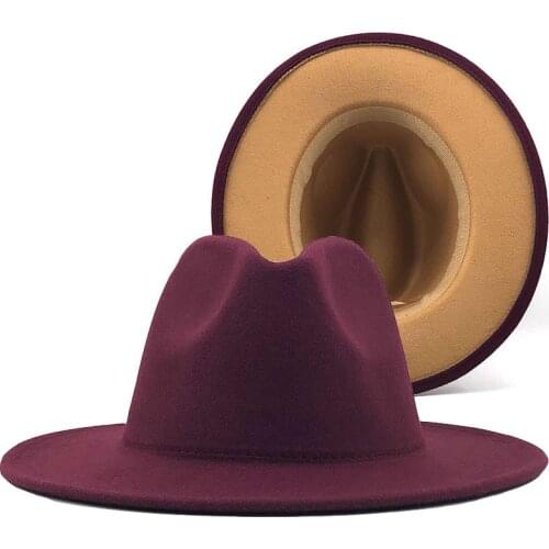 Drop Outer wine red Inner Camel Wool Felt Jazz Fedora Hats with Thin Belt Buckle Men Women Wide Brim Panama Trilby Cap 56-60CM