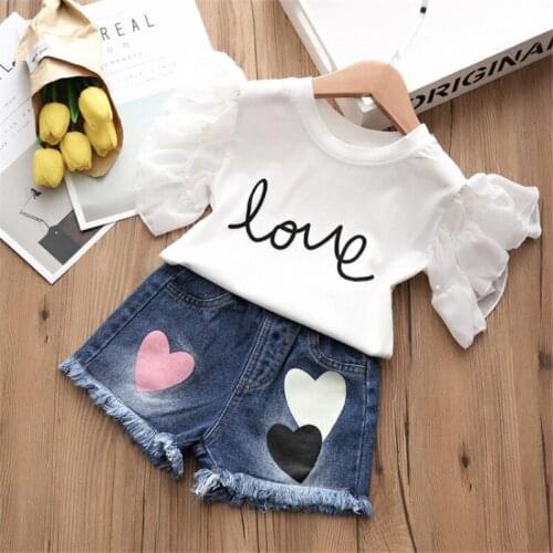 AJLONGER Fashion Girls Clothing Set Summer Baby Girls Clothes Shirt +Denim Shorts Children Clothes