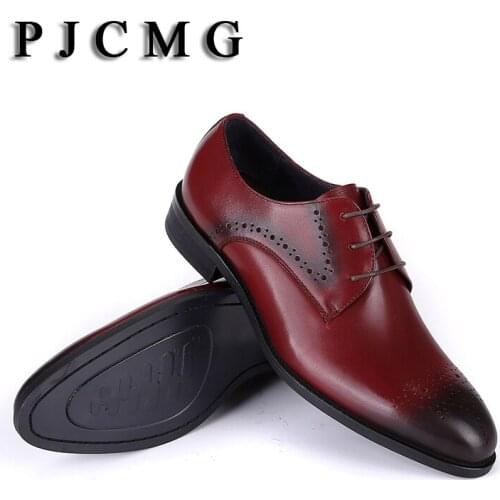 PJCMG High Quality Genuine Leather Carved Lace-Up Pointed Toe Red/Black Wedding Men Flats Buckle Oxford Dress Oxfords Shoes