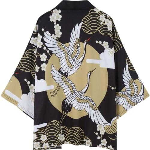 Male Female High-quality Daily Wear Street Lounge Traditional Haori Crane Print Kimono Japanese Style Samurai Clothing