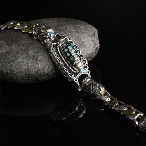 New solid s925 sterling silver vintage man bracelet original lucky Pixiu inlaid nine-eyed dzi good luck silver bracelet for men