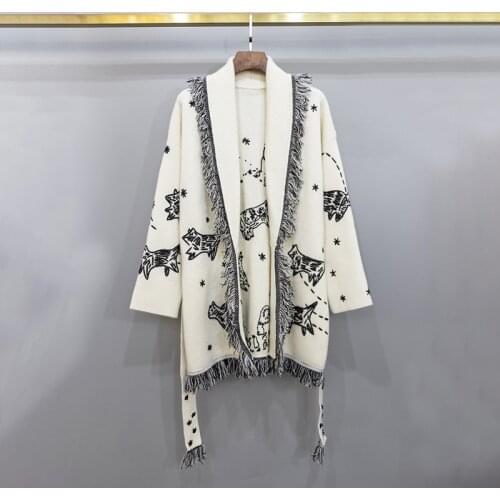 Autumn Winter Fashion womens cashmere tassels belt cardigans High quality embroidery knitted Coat B564