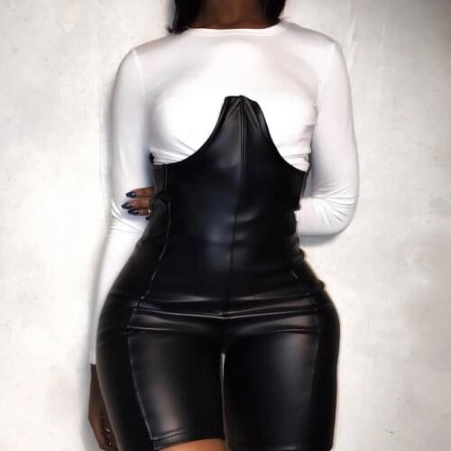 Sexy Black PU Leather Shorts Two Piece Set Women Casual White T Shirt Top + Zipper Corset Shorts Bodycon Club 2 Piece Set Outfit