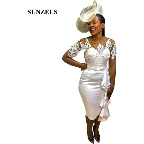 Sheer Tulle Long Sleeves Women Formal Dress Illusion Neck Sheath Ivory Satin Evening Gowns Ruffles Dress Party