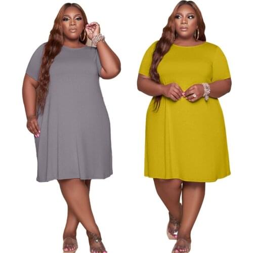 Plus Size 5xl Women Dresses Summer 2021 Wholesale Solid Casual Pockets Loose Super Stretchy Streetwear Midi Dress Dropshipping