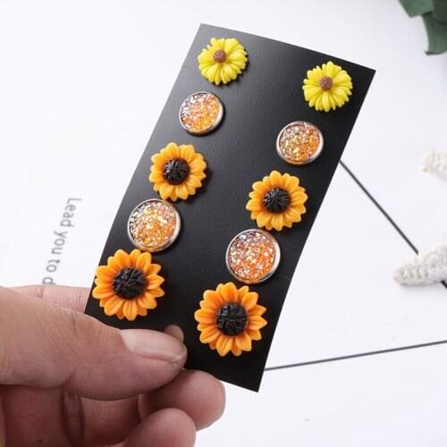Fashion Metal Gypsophila Stud Earrings Sets Bright Sunflower Flower Acrylic Earrings For Women Cute Girl Jewelry 5 Pairs /set