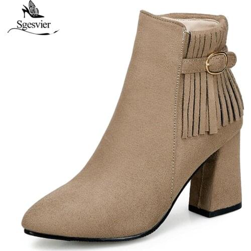 Sgesvier Tassel solid zip ankle boots for women fashion thick high heel shoes autumn winter womens boots big size 35-50 OX585