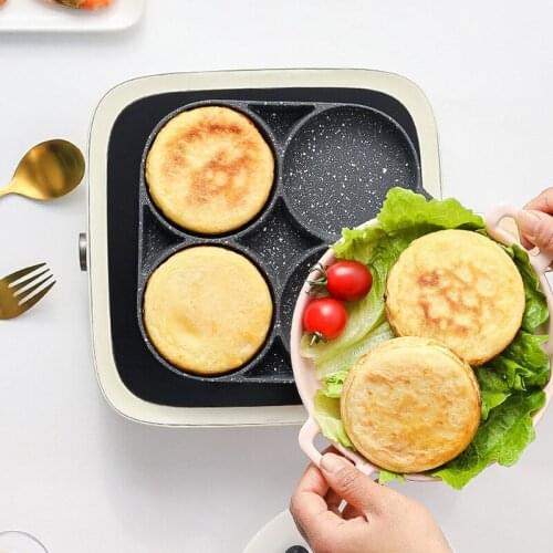Four-hole Frying Pot Thickened Omelet Pan Cookware Non-stick Egg Steak Ham Pancake Wooden Handle Kitchen Cooking Breakfast Maker