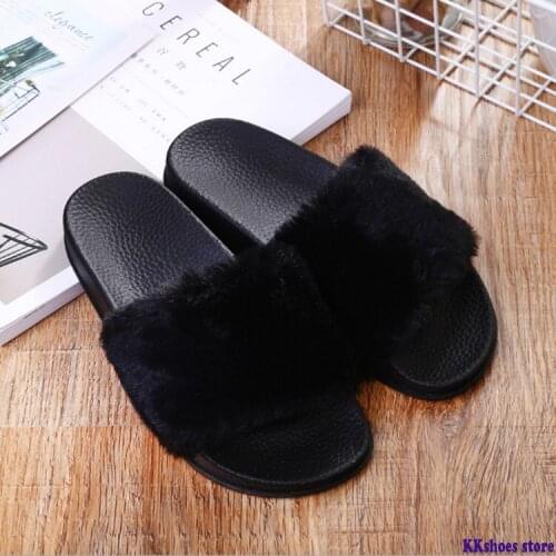 Casual Slipper Sandal Womens Slippers Ladies Slip On Sliders Fluffy Faux Fur Flat Size 36-40 Black Slippers 4 Colour