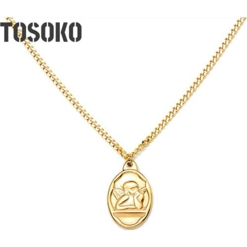 TOSOKO Stainless Steel Jewelry Oval Angel Boys Pendant Necklace Womens Fashion Clavicle Chain BSP440
