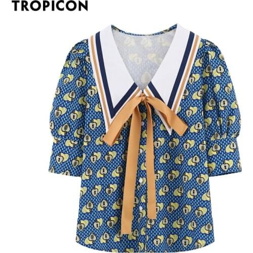 TROPICON Vintage Blouse Summer Top Blue Puff Sleeve Sailor Collar Shirt Women Designer Ladies Tie Top Korean Fashion Clothing