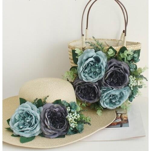 2021 Summer New Straw Woven Handbag Women Holiday Flowers Beach Tote Top-Handle Bags with Sun Hat 4 color