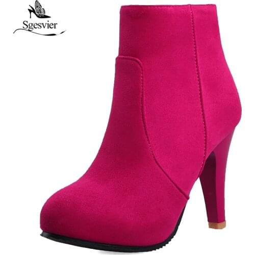 Sgesvier Autumn New Women Boots Ankle Boots Thick High Heels Flock Platform Leather Boots Side Zip Female Winter Shoes OX782