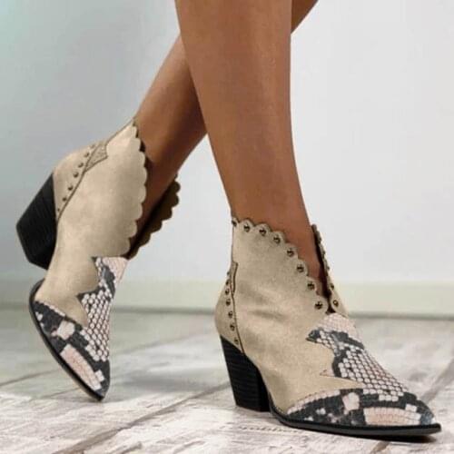 Female Autumn Winter Lace PU Leather Cowboy Ankle Boots Women Wedge High Heel Booties Snake Print Western Boot Square Heel 358
