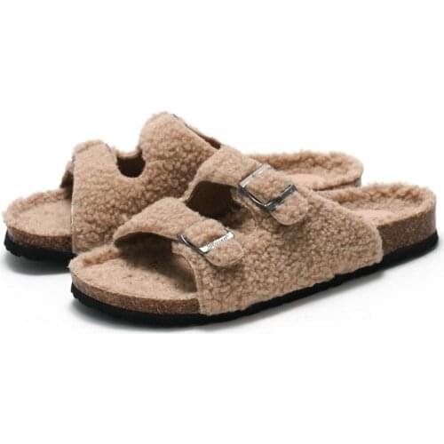 Womens Cork Slippers Fall and Winter Lamb Wool To Keep Warm Casual Beach Shoes