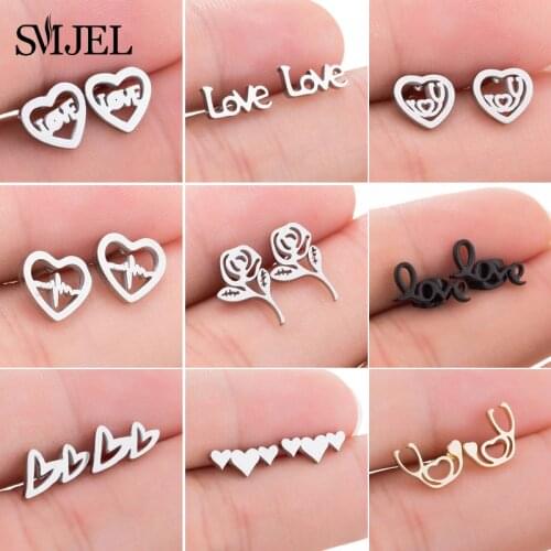 SMJEL Lovely Letter Stainless Steel Earrings Women New Geometric Love Heart Stud Earrings Jewelry Girlfriend Gift pendientes