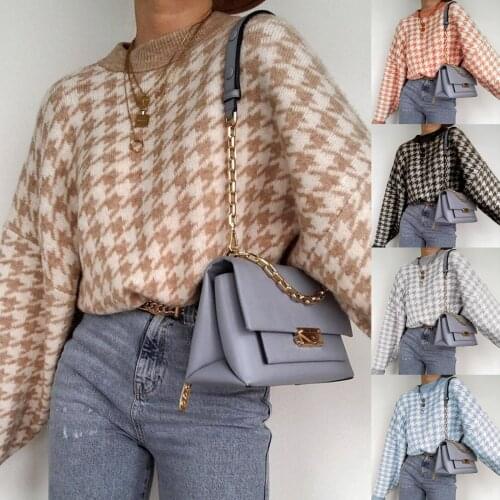 Womens Geometric Printed Round Neck Long Sleeve Casual Houndstooth Loose Sweater Pullover Tops Autumn Winter Retro Jumper#35