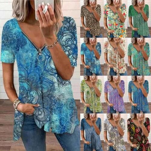 2021 Summer New Style Hot Sale Fashion Trend Commuter Casual Top V-neck Zipper Pullover Print Short Sleeve Loose Womens T-shirt