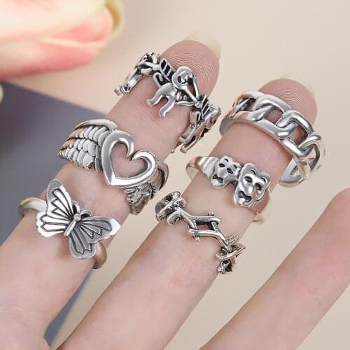 2021 Vintage Silver Plated Angel Wings Ring for Womens Gothic Punk Steampunk Heart Butterfly Skull Ring Sets Jewelry 6pcs