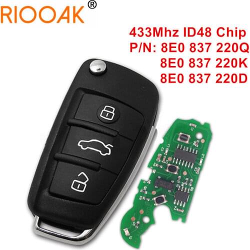 RIOOAK 3 Button Remote Car Flip Key 433MHz Fob for AUDI A2 A4 S4 RS4 Cabrio Quattro Avant 2005 2006 2007 2008 with 48 Chip