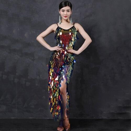 Belly Dance Long Dresses Mermaid Costume Women Dance Wear Spandex Stretchy Satin Multicolor Squama Sequins Strap Dress