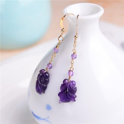 United States imported original design earrings 14 k natural amethyst goldfish ear hook pendant earrings a undertakes