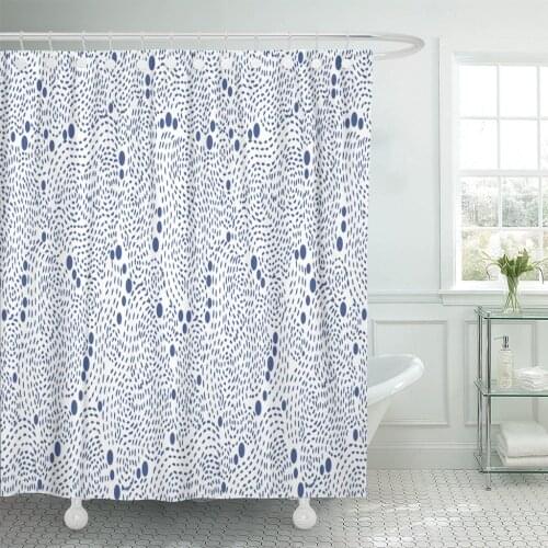Indigo Simple with Chaotic Lines and Circles Blue White Stitch Shower Curtain Waterproof Polyester Fabric 72 x 72 Inches Set wit