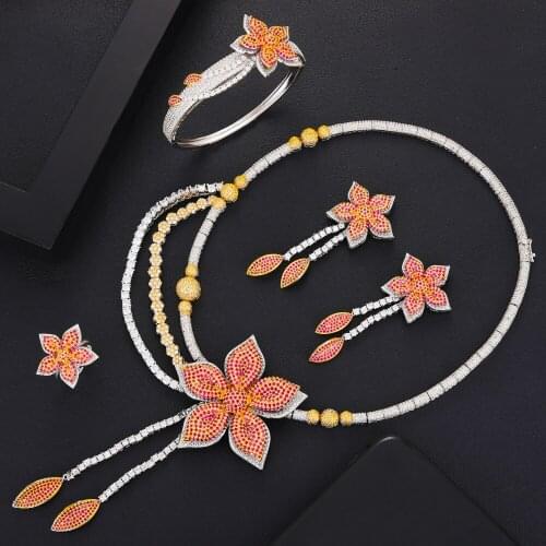 KellyBola Noble Luxury High Quality Zircon Bridal Flower Long Pendant Necklace Earring Set Dubai Wedding Banquet Top Jewelry
